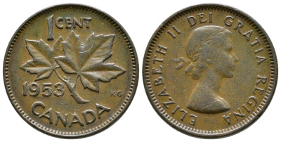 КАНАДА 1 ЦЕНТ 1953 КЛЕНОВЫЙ ЛИСТ, ЕЛИЗАВЕТА II KM 49 бронза 46-2538