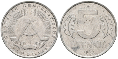 ГДР 5 пфеннигов 1968 А KM 9.1 алюминий 4564-1035