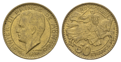 Монако 50 франков 1950 Ренье III (1949-2005) KM 132 алюминиевая бронза 4680-311