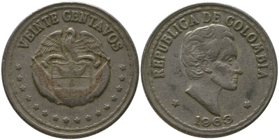 Колумбия 20 сентаво 1963 KM 215.2 медно-никель 4529-644