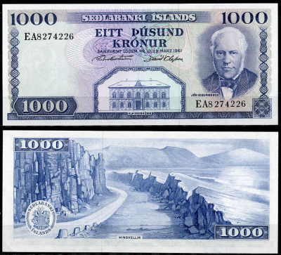 Исландия 1000 крон 1961 Йоун Сигурдссон, Тингведлир Pick 46 a (10)  бумага  UNC (пресс) 450-38-2