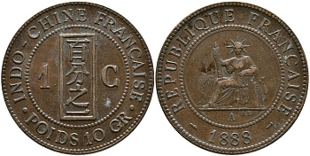 Французский Индокитай 1 цент 1888 А, монетный двор Париж KM 1 бронза 4536-226