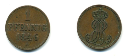 Ганновер 1 пфенниг 1846 B, Эрнст Август (1837-1851) KM 201.1, AKS 129, J. 74 медь 35-831