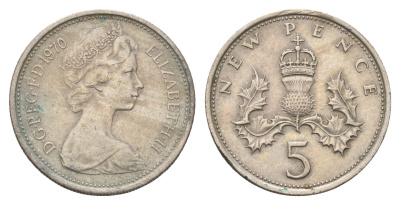 Великобритания 5 пенсов 1970 Елизавета II (1952-2022) KM 911, Spink 4233 (D1) медно-никель 4671-1157