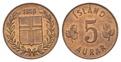 Исландия 5 эйре 1958 редкий год KM 9 бронза aUNC 73-1025