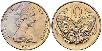 Новая Зеландия 10 центов 1970 Елизавета II (1952-2022), маска маори KM 41.1 медно-никель  UNC  4182-1051