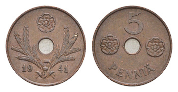 Финляндия 5 пенни 1941 KM 64 медь 4647-252