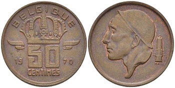 БЕЛЬГИЯ 50 САНТИМОВ 1970 BELGIQUE, БОДУЭН I (1951-1993) KM 148.1 бронза 116-1023