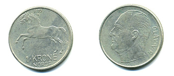 НОРВЕГИЯ 1 КРОНА 1973 ЛОШАДЬ KM 409 медно-никель 80-613