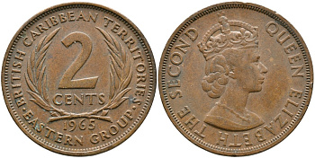 Британские Восточно-Карибские территории 2 цента 1965 Елизавета II (1952-2022) KM 3 бронза 4531-1242