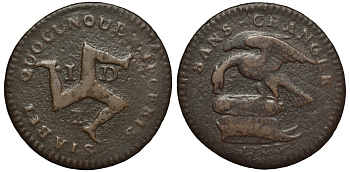 ОСТРОВ МЭН 1 ПЕННИ 1733 EARL OF DERBY, ДЖ. СТЕНЛИ 10-Й ГРАФ ДЕРБИ KM 3 медь 650-133