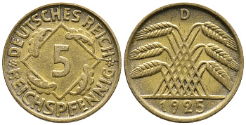 Германия 5 рейхспфеннигов 1925 A KM 39, J. 316, Weege 7 алюминиевая бронза 39-542