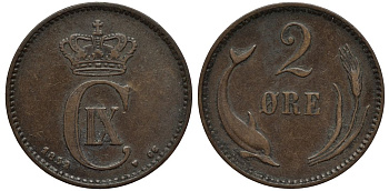 Дания 2 эре 1892 CS, Кристиан IX (1863-1906), редкий год KM 793.1 бронза 4114-531