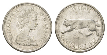 Канада 25 центов 1967 пума, 100 лет Конфедерации Канада, Ссеребро 0.800, вес 5,83 гр, диаметр 23,88 мм KM 67 серебро 4622-924