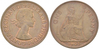 Великобритания 1 пенни 1963 Елизавета II (1952-2022) KM 897, Spink 4157 бронза 215-336