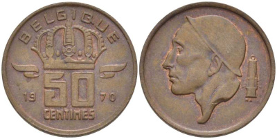 БЕЛЬГИЯ 50 САНТИМОВ 1970 BELGIQUE, БОДУЭН I (1951-1993) KM 148.1 бронза 116-1023