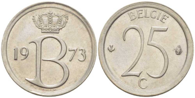БЕЛЬГИЯ 25 САНТИМОВ 1973 BELGIE, БОДУЭН I (1951-1993) KM 154.1 медно-никель 214-153