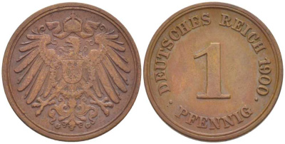 ГЕРМАНИЯ 1 ПФЕННИГ 1900 G KM 10, J. 10, Weege 2 медь 211-254