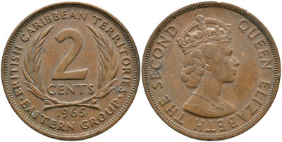 Британские Восточно-Карибские территории 2 цента 1965 Елизавета II (1952-2022) KM 3 бронза 4531-1242