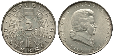 Австрия 2 шиллинга 1931 175 лет со дня рождения Моцарта KM 2847 серебро 413-5831