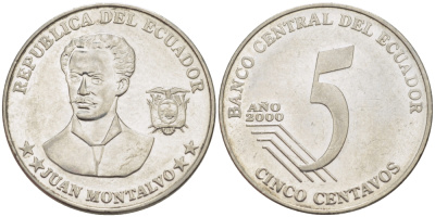 ЭКВАДОР 5 СЕНТАВО 2000 ХУАН МОНТАЛЬВО KM 105 сталь 31-332