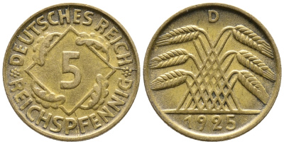 Германия 5 рейхспфеннигов 1925 A KM 39, J. 316, Weege 7 алюминиевая бронза 39-542