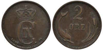 Дания 2 эре 1892 CS, Кристиан IX (1863-1906), редкий год KM 793.1 бронза 4114-531