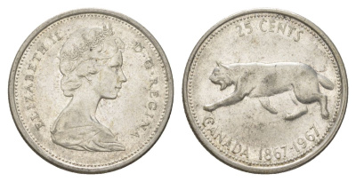 Канада 25 центов 1967 пума, 100 лет Конфедерации Канада, Ссеребро 0.800, вес 5,83 гр, диаметр 23,88 мм KM 67 серебро 4622-924