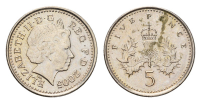 Великобритания 5 пенсов 2005 Елизавета II (1952-2022) KM 988, Spink 4670 (D5) медно-никель UNC 206-1237