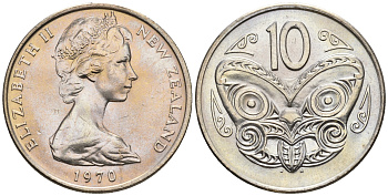 Новая Зеландия 10 центов 1970 Елизавета II (1952-2022), маска маори KM 41.1 медно-никель  UNC  4182-642
