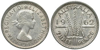 Австралия 3 пенса 1962 m, Елизавета II (1952-2022) KM 57 серебро 71-829