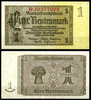 Германия 1 рентенмарка 1937 30 января 1937, серия R, номер 8-значный Pick 173, Розенберг 166b бумага аUNC 3295-25-3-2