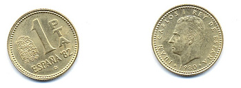 Испания 1 песета 1980 (80) чемпионат мира по футболу в Испании 1982 года, Хуан Карлос I (1975-) KM 816 алюминиевая бронза 54-1114