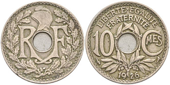 ФРАНЦИЯ 10 САНТИМОВ 1926 ТИП LINDAUER KM 866а, LE FRANC 138.13 медно-никель 55-144