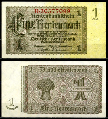 Германия 1 рентенмарка 1937 30 января 1937, серия R, номер 8-значный Pick 173, Розенберг 166b бумага аUNC 3295-25-3-2