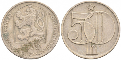 ЧЕХОСЛОВАКИЯ 50 ГЕЛЛЕРОВ 1979 СОЦИАЛИСТИЧЕСКАЯ РЕСПУБЛИКА KM 89 медно-никель 186-126