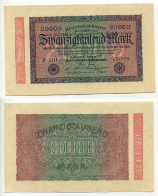 ГЕРМАНИЯ 20000 МАРОК 1923 20 ФЕВРАЛЯ 1923, ВОДЯНОЙ ЗНАК Е, В ЗВЁЗДАХ G/D Pick 85b бумага 6317-28-1