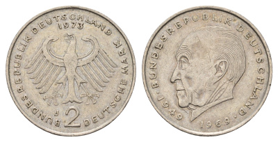 ФРГ 2 марки 1973 J, Конрад Аденауэр KM 124, J. 406 медно-никель 4675-257