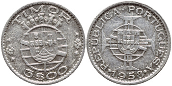 Португальский Тимор 3 эскудо 1958 год тип KM 14 серебро aUNC 63-321