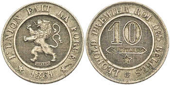 БЕЛЬГИЯ 10 САНТИМОВ 1861 BELGES KM 22 медно-никель 83-1646