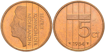 Нидерланды 5 центов 1984 Беатрикс (1980-2013) KM 202 бронза UNC 4116-236