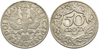 Польша 50 грошей 1923 Республика KM 13, Parchimowicz 106 никель 3856-1115