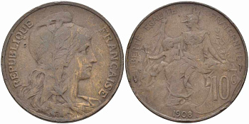 ФРАНЦИЯ 10 САНТИМОВ 1908 ТИП ДАНИЭЛЬ ДЮПЮИ KM 843, LA FRANC 136.18 бронза 109-234