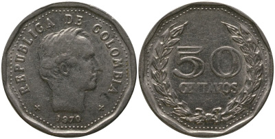 Колумбия 50 сентаво 1970 KM 244.1 сталь плакированная никелем 4529-717