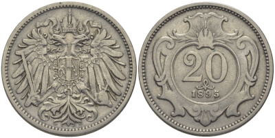 АВСТРИЯ 20 ГЕЛЛЕРОВ 1895 KM 2803 никель 89-431