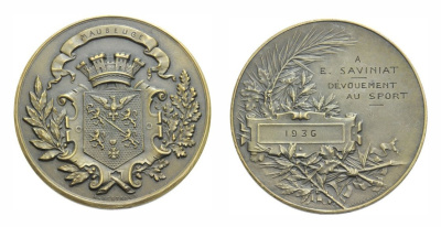 ФРАНЦИЯ МЕДАЛЬ 1936 MAUBEUGE, ПРЕДАННОСТЬ СПОРТУ 46 мм, 41,61 гр бронза 1072-6-43