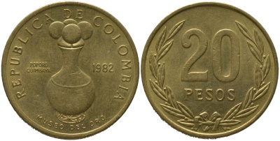 Колумбия 20 песо 1982 KM 271 алюминиевая бронза 4529-922