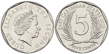 Восточно-Карибские штаты 5 центов 2019 Елизавета II (1952-2022) KM 36 a алюминий  UNC  M60-13