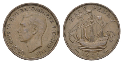 Великобритания 1/2 пенни 1941 Георг VI (1936-1952) KM 844, Spink 4115 бронза    4660-615