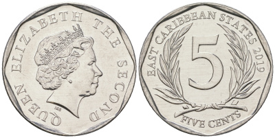Восточно-Карибские штаты 5 центов 2019 Елизавета II (1952-2022) KM 36 a алюминий  UNC  M60-13